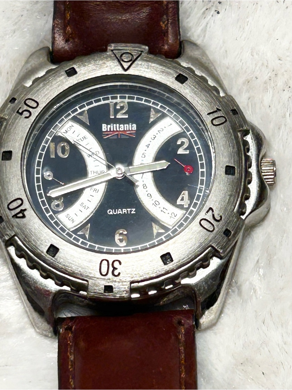 Mens Brittania Silver Tone W/Blue Dial Quartz Watch W/Brown Leather Band New Bty